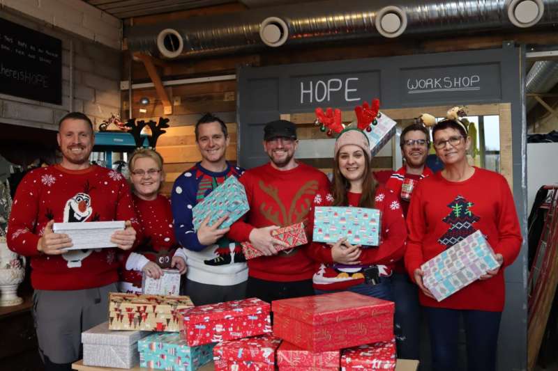 Gareth and the team at Hope Cafe with their shoeboxes for the Christmas Shoebox Appeal.